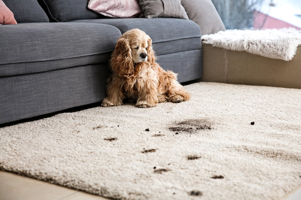 Hund schaut auf schmutzigen Teppich