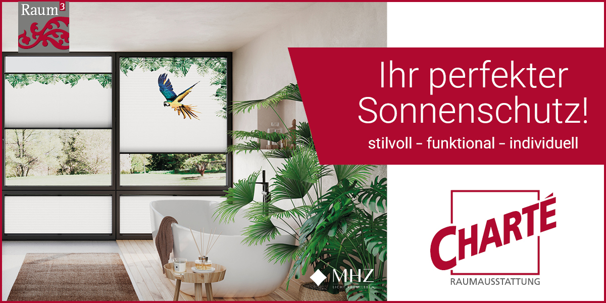 Text: Ihr perfekter Sonnenschutz. Bild: Badezimmer mit Rollos.